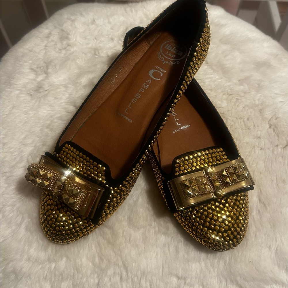 Jeffrey Campbell Martini Gold and Black Studded Flats, Size 8.5, NWOT